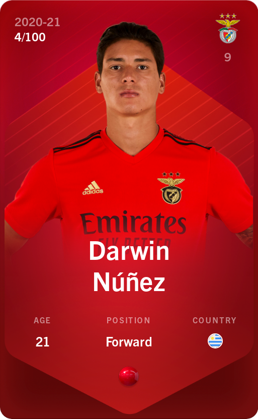 Sorare - Sorare Official - Darwin Núñez 2020-21 • Rare 4/100 - NFT # 88713165182651483821366358716842726224153838410661432384172449590895983031283