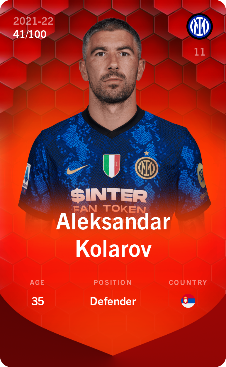 Sorare - Sorare Official - Aleksandar Kolarov 2021-22 • Rare 41/100 - NFT # 34949703286488495880081282646159241017009673213080589915471064765333595956029