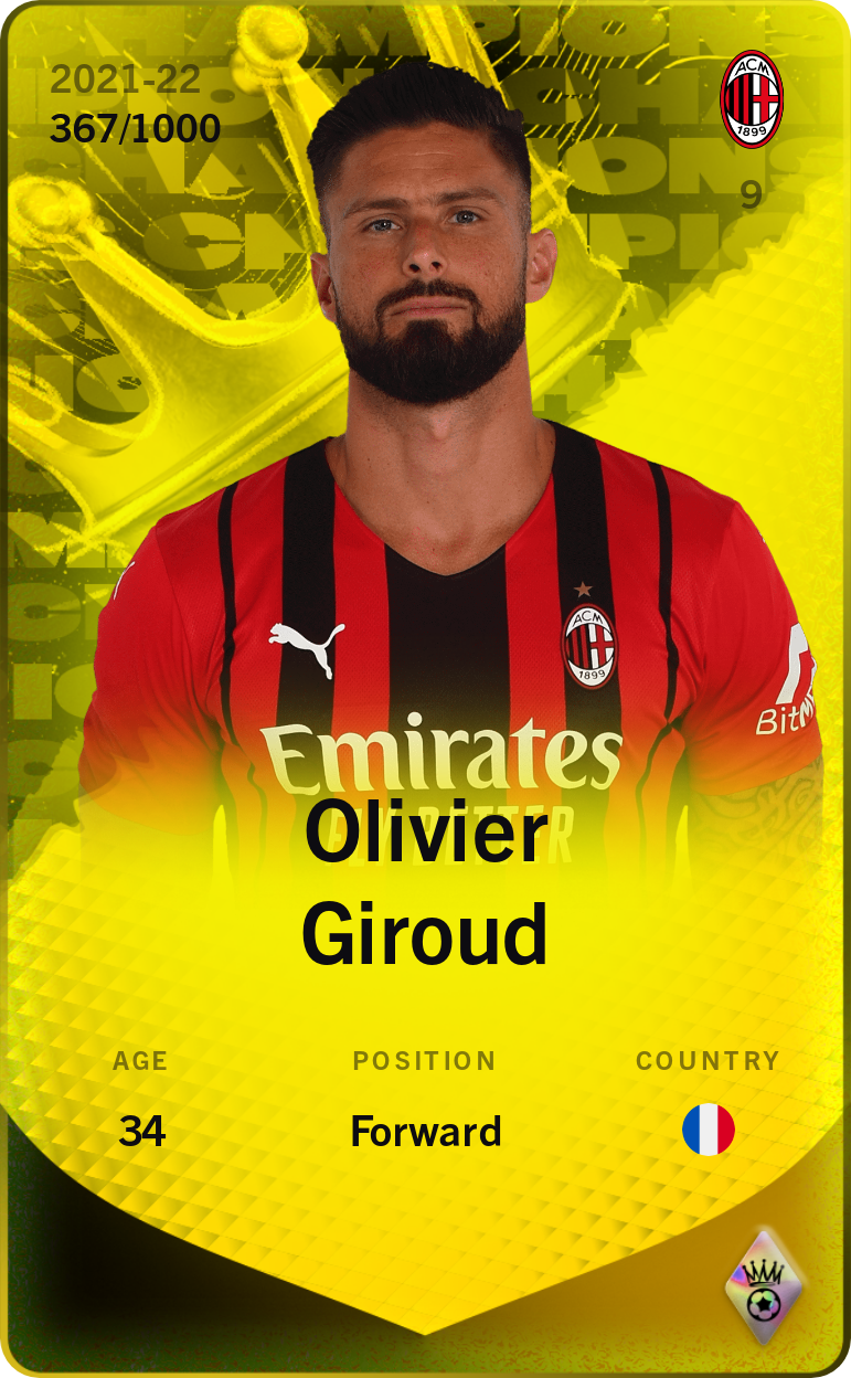 Sorare - Sorare Official - Olivier Giroud 2021-22 • Limited 367/1000 - NFT # 41920727471496417556978983033254615400332652081454761732350930892759995246925