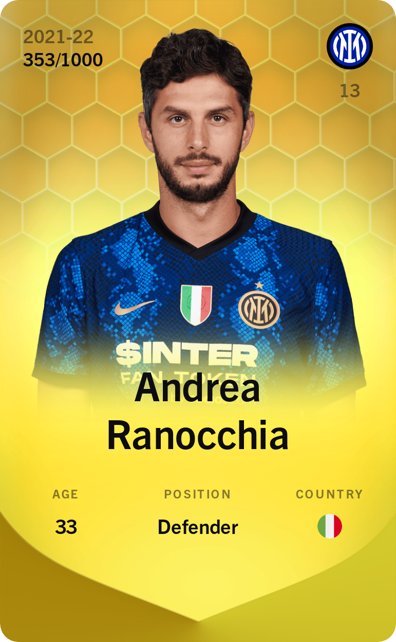 Sorare - Sorare Official - Andrea Ranocchia 2021-22 • Limited 353/1000 - NFT # 68598506357923763506460786692077271694497128767957516970470592368291397288213