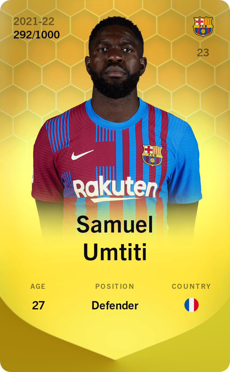 Sorare - Sorare Official - Samuel Umtiti 2021-22 • Limited 292/1000 - NFT # 108633484361288883341508108152899965013995057746868852900954716751395644470090