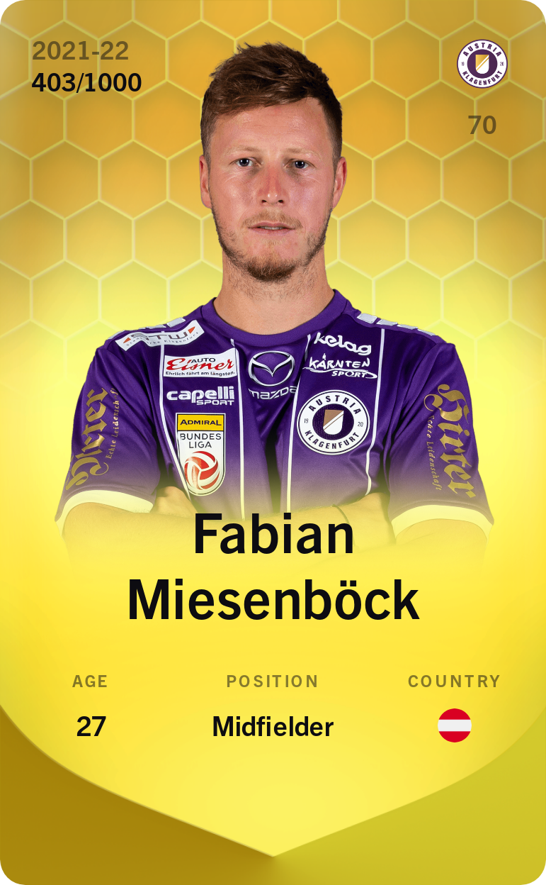 Sorare - Sorare Official - Fabian Miesenböck 2021-22 • Limited 403/1000 - NFT # 27721926999312434358897430141984127434252551167503687428640968229183927111847