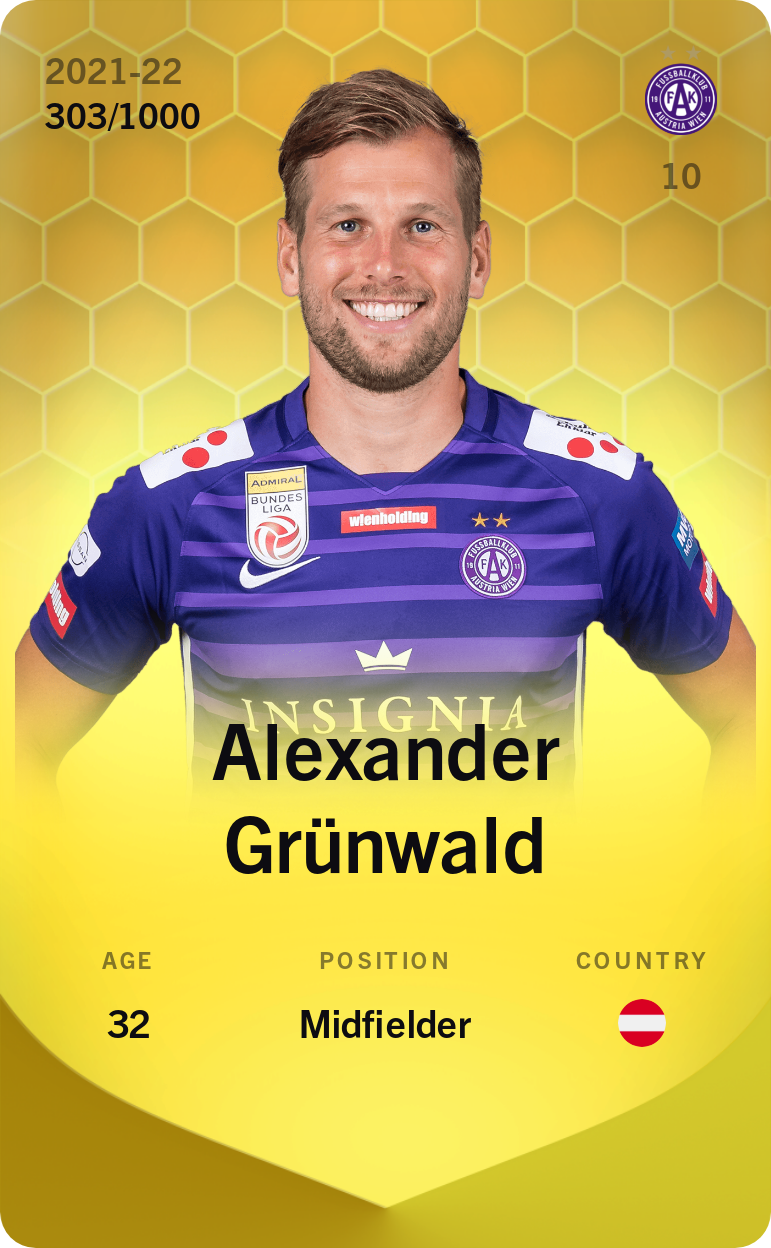 Sorare - Sorare Official - Alexander Grünwald 2021-22 • Limited 303/1000 - NFT # 39672120173569921332549687722388021538194751246220476319067578528614656533594