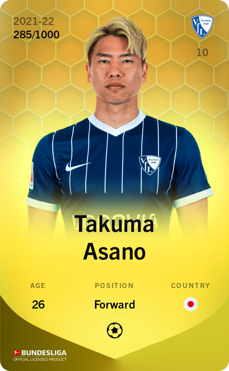 Sorare - Sorare Official - Takuma Asano 2021-22 • Limited 285/1000 - NFT # 101657820948499681596519940923495323205097577161728591286478884599632920895881